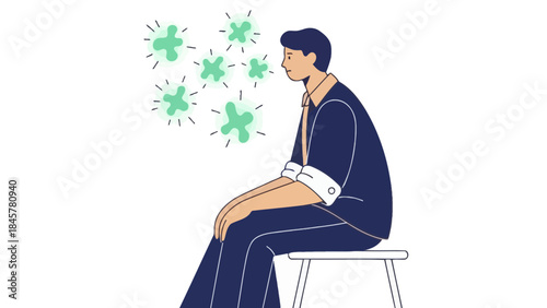 Illustration of a man seated, potentially sick, with glowing germs above him