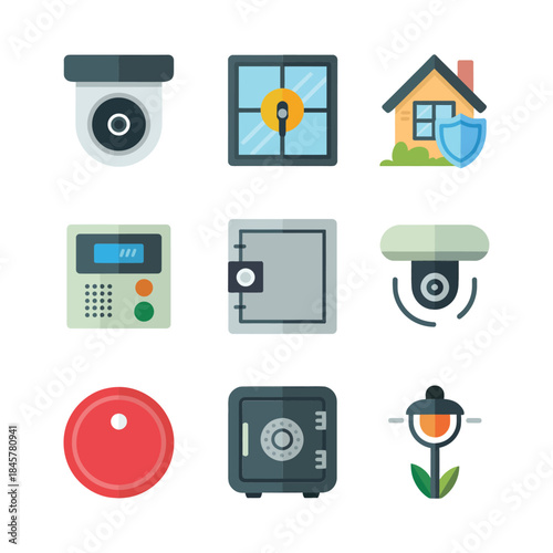 Safe house and access control icon collection with camera lock keypad alarm symbols, residential security flat vector illustration