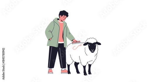 Illustration of a person grooming a sheep with a brush in a minimalist style