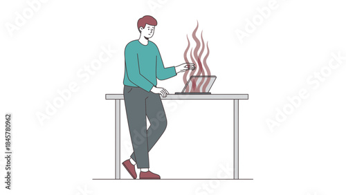 Man struggling with a laptop overheating and generating fire, vector illustration