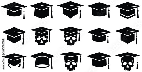 Collection of black and white graduation cap icons mixed with skull icons representing academic challenges