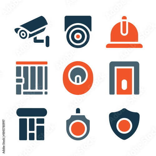 Surveillance monitoring and alarm system icon set with camera siren control panel warning symbols, safety flat vector illustration