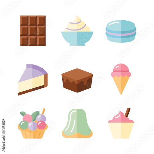 Sweet dessert icon collection with chocolate cake macaroon ice cream cupcake jelly pudding colorful flat vector illustration design