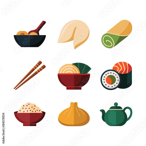 Traditional Asian cuisine icon collection with sushi noodle bowl dumpling teapot chopsticks flat vector illustration design set elements