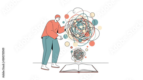 Illustration depicting a person trying to understand complex information with book in front