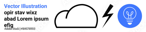 Energy generation, sustainable ideas, innovation, electricity, creativity, power usage. Cloud, lightning bolt lightbulb in a minimalistic style. Innovation and energy generation