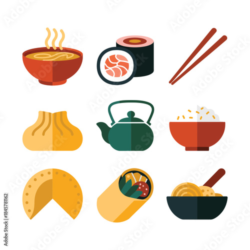 Asian noodle and sushi food icon collection with soup bowl dumpling teapot chopsticks flat vector illustration design set