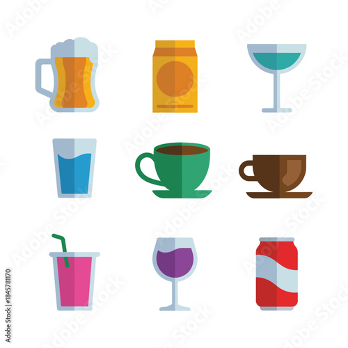 Beverage drink icon collection with coffee tea juice soda wine cocktail glass, refreshing cafe menu flat vector illustration
