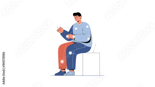 Illustration of a man interacting with digital interfaces and technologies on white background