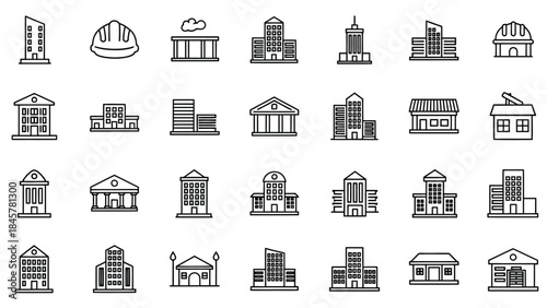 Collection of diverse architectural building structures in simple linear icon style