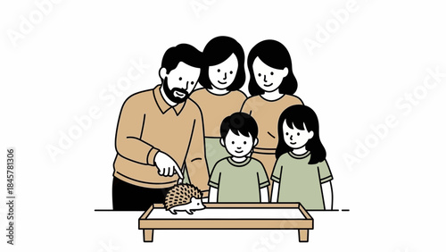 A Family Interacting with a Hedgehog in a Study Environment, Line Art Illustration