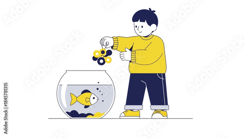 A young boy feeding the fish in a fishbowl a vector graphic illustration