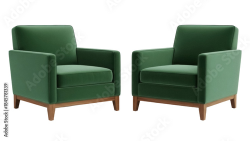 Schilderij op canvas Two green velvet armchairs isolated PNG on transparent background, modern accent