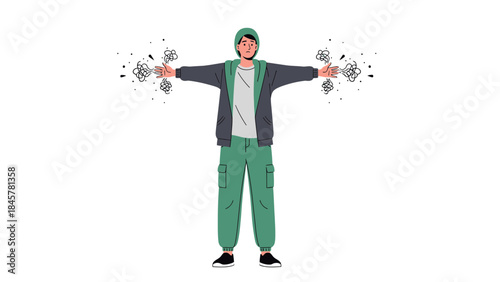 Stressed man spreading hands expressing anxiety and mental health concerns on white background