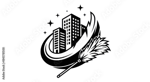 Urban Cleaning Service Logo with Buildings and Duster.