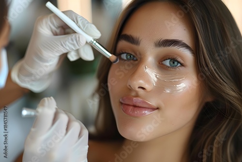 A young woman sits in a bright beauty salon receiving a facial treatment. A professional is applying a product to her skin with a brush. The atmosphere is relaxing and serene