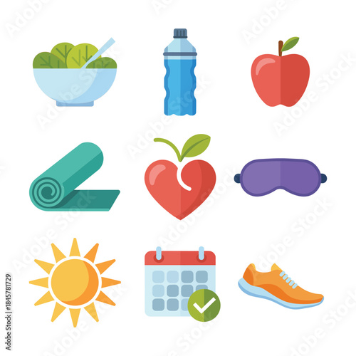 Healthy lifestyle and wellness icon collection with nutrition exercise sleep hydration routine symbols, balanced living flat vector illustration