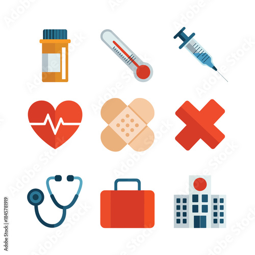 First aid and medical care icon set with heart cross bandage stethoscope hospital symbols, emergency flat vector illustration