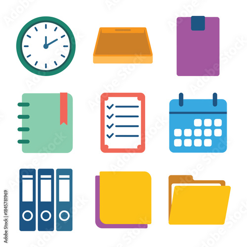 Business planning and scheduling icon set with notebook calendar folder checklist clock symbols, workflow management flat vector illustration