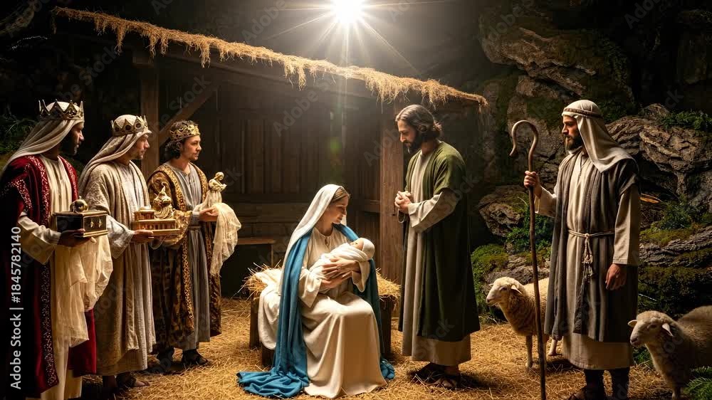 Divine Christmas Nativity, holy birth of Christ, Virgin Mary cradling ...