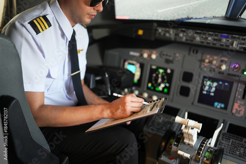 Tableau sur toile Handsome male pilots preparing flight documentation, checking paper flight plan, log book and air traffic before take off and landing