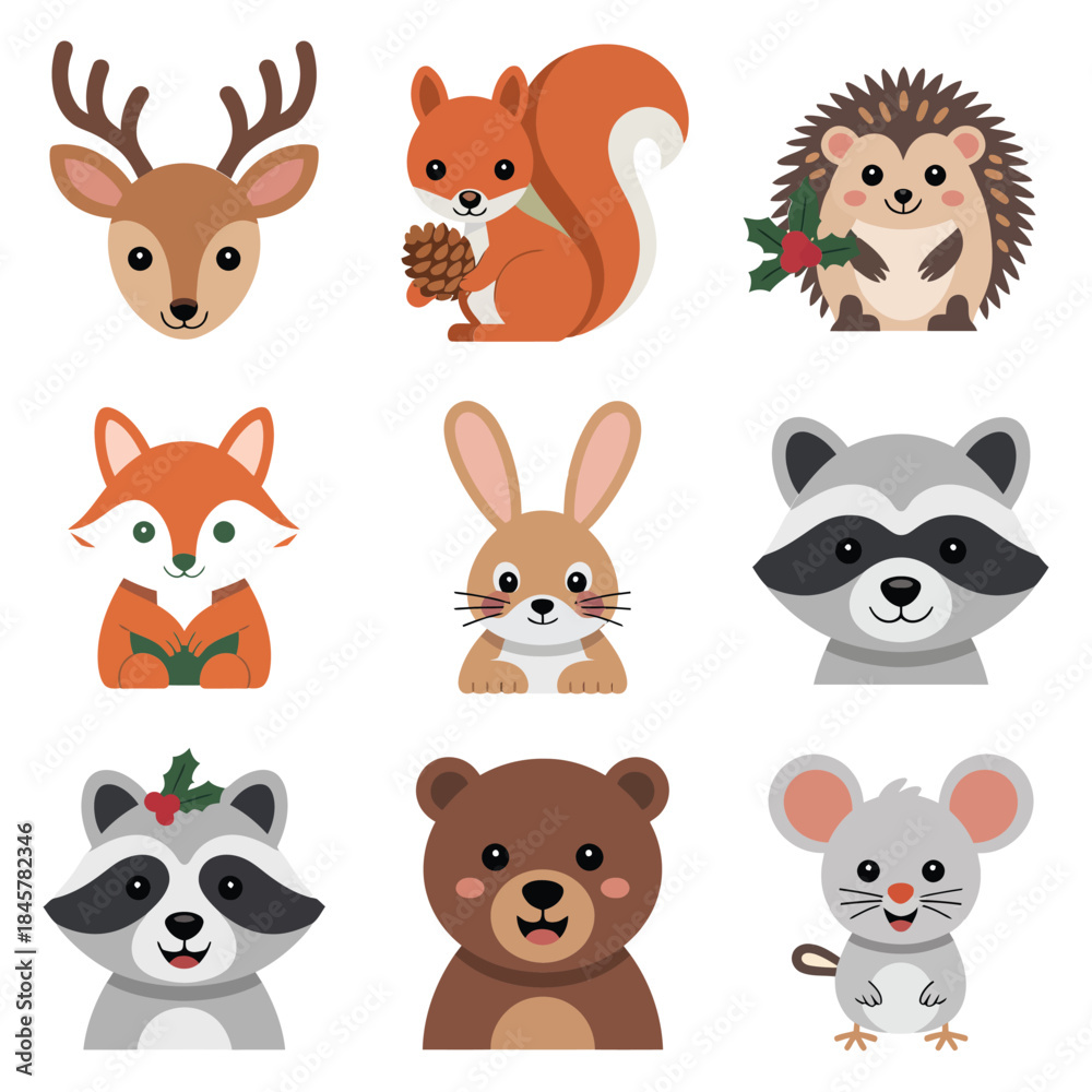 Fototapeta premium Cute woodland animal character icon collection with fox deer hedgehog raccoon bear mouse, playful flat vector illustration