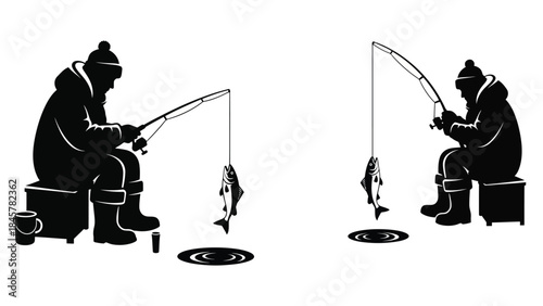 Two silhouetted figures ice fishing on a frozen lake catching fish