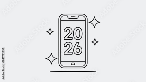 Modern smartphone displaying 2026 with sparkling effect around it