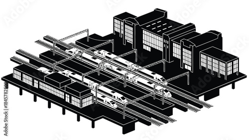 Isometric illustration of a train station with multiple platforms and tracks