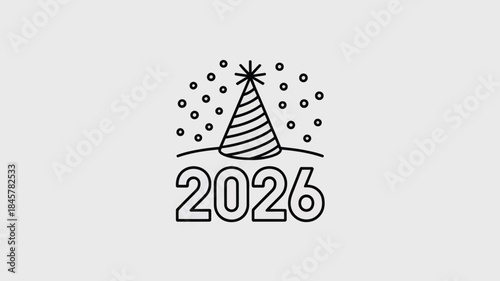 Modern 2026 New Year celebration icon with party hat and confetti
