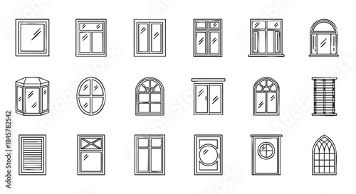 Variety of window styles hand drawn line art collection isolated