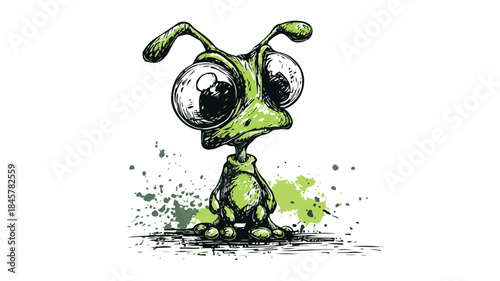 Cute Green Alien Cartoon Character with Big Eyes - Fun and Playful Illustration
