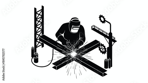 Industrial welder at work with construction elements in a monochrome style