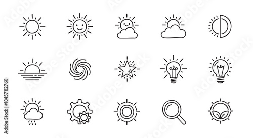 Weather related line icons set including sun rain cloud and gears