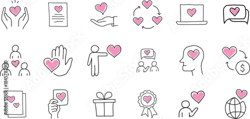 Pink Heart Icons Set for Charity and Love Concepts 