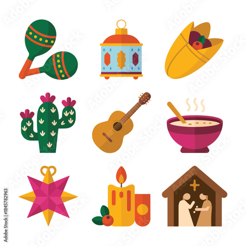 Latin christmas celebration icon set with maraca guitar cactus nativity candle star holiday flat vector illustration