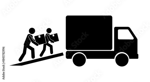 Stickman Loading Cargo Into Truck Icon Vector.