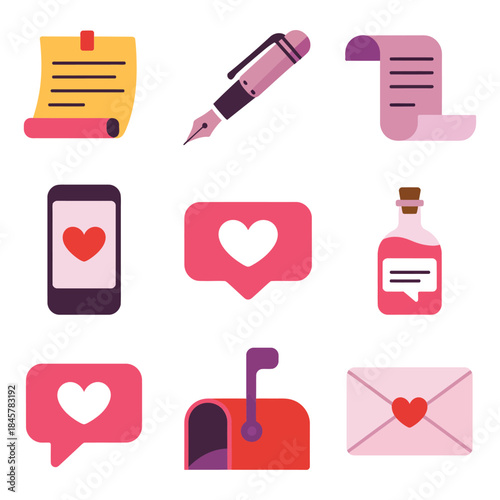 Love messaging icon set with envelope chat heart bottle phone romance communication symbols colorful flat vector illustration