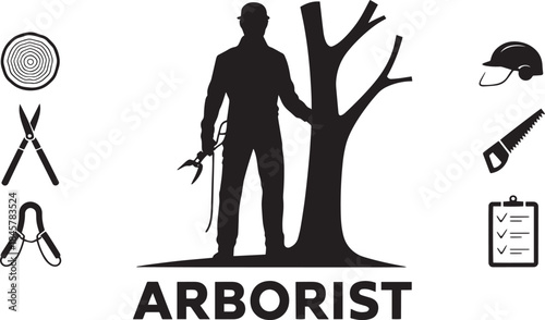 Arborist banner with various tree care tools silhouette vector illustration set