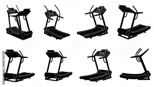 Illustrative collection of various treadmill designs in black and white