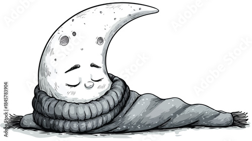 Cute Cartoon Moon Wrapped in Warm Blanket - Vector Illustration