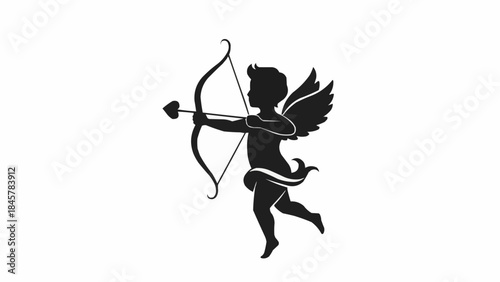 Silhouette of cupid aiming an arrow, love concept. The image is minimalist and elegant, perfect for romantic and Valentine's Day designs.