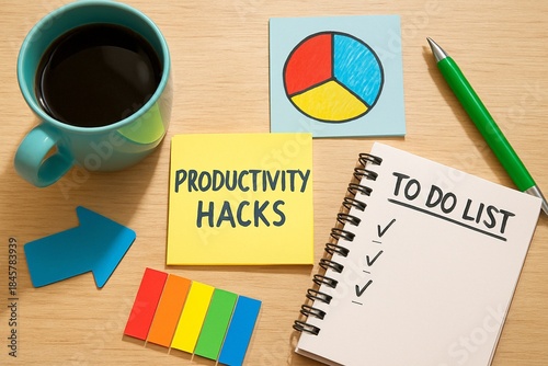 A wooden desk holds a mug of coffee a to do list sticky notes and a pie chart promoting productivity hacks