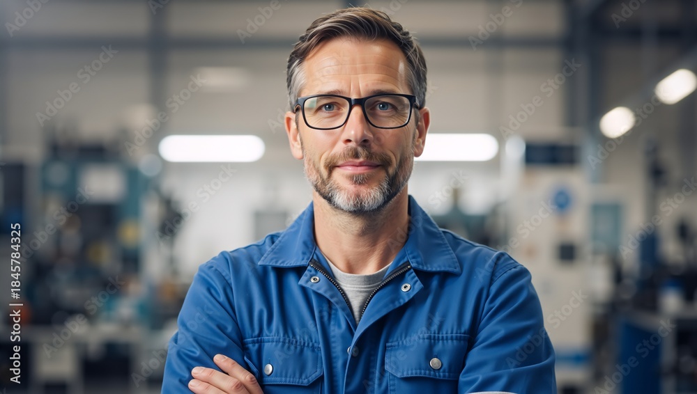 Obraz premium Portrait of a confident male engineer in a modern factory. Professional middle-aged industrial worker smiling at the camera