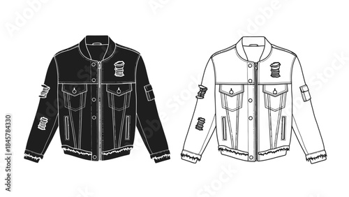 Fashion design sketch of two stylish denim jackets with detailed features