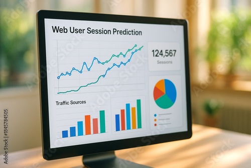 A computer monitor displays a detailed dashboard for web user session prediction with charts and traffic data