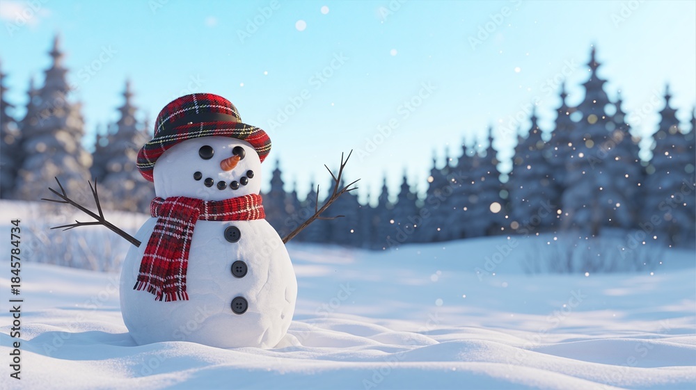 Fototapeta premium Cheerful Snowman Wearing Red Plaid Scarf and Beanie in a Snowy Forest Landscape on a Bright Winter Day with Falling Flakes