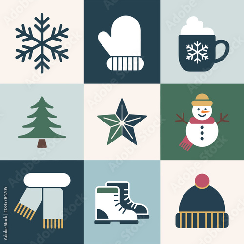 Winter holiday icon grid set featuring snowflake mitten mug pine tree star snowman scarf skates hat flat vector illustration