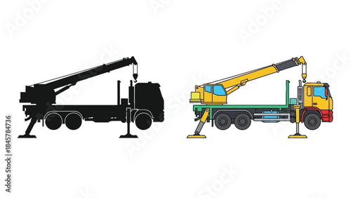 Detailed illustration of a mobile crane vehicle in color and silhouette views