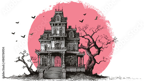 Eerie Haunted Mansion Under a Pink Moon Vector Illustration with Outline Isolated